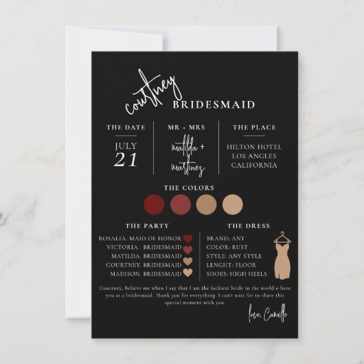 Black Minimal Script Bridesmaid info Template Card 招待状 (正面)