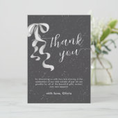 Black Minimal Silver Bow Winter Snow Baby Shower サンキューカード (スタンド正面)