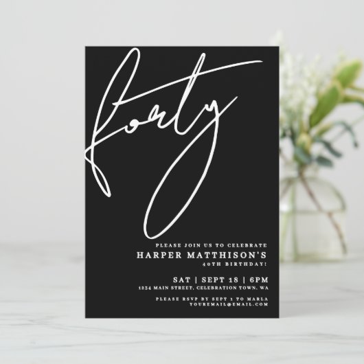 Black Minimalist Forty 40th Birthday Party 招待状 (スタンド正面)