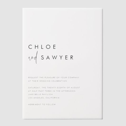 Black Minimalist Handwritten Script Modern Wedding ベラム紙招待状 (正面)
