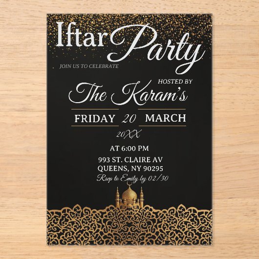 Black Minimalist Mosque Ramadan Iftar Party  アクリル招待状 (正面)