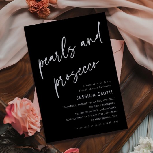 Black Minimalist Pearls and Prosecco Bridal Shower 招待状