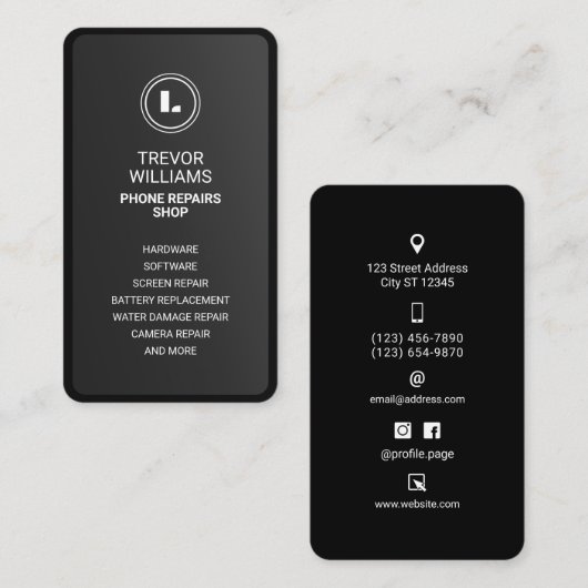 Black minimalist phone shape Business Card 名刺 (正面/裏面)