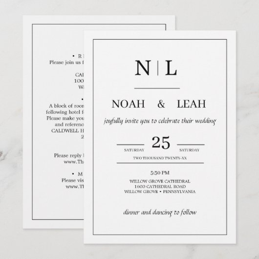 Black Minimalist Wedding Invitation• Modern Simple 招待状 (正面/裏面)