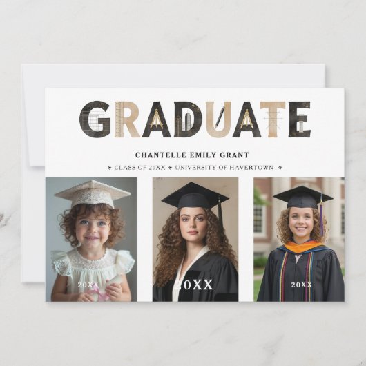 Black Modern Architecture Grad 3-Photo Timeline 招待状 (正面)