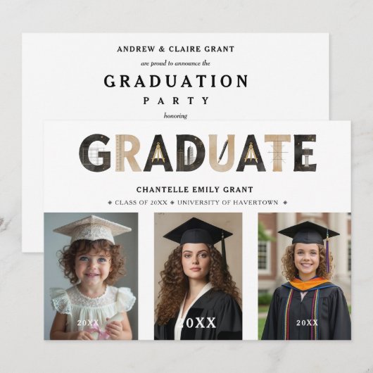 Black Modern Architecture Grad 3-Photo Timeline 招待状 (正面/裏面)