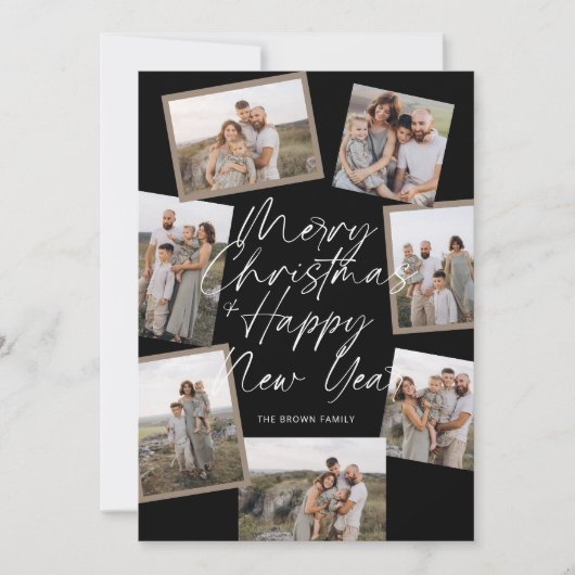 Black Modern Boho 8 Photo Collage Christmas シーズンカード (正面)