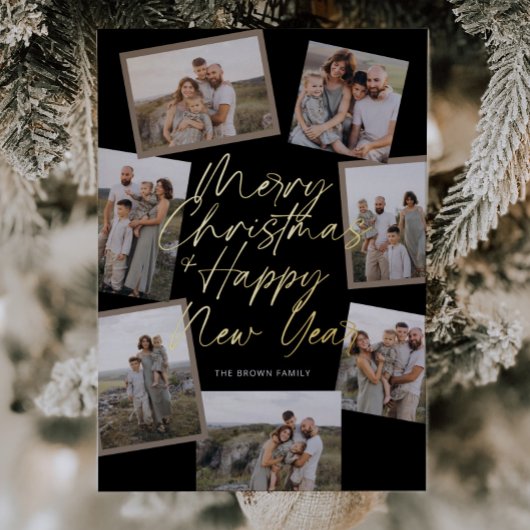 Black Modern Boho 8 Photo Collage Christmas  箔シーズンカード