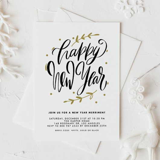 Black Modern Calligraphy and Wreath New Year Party 招待状