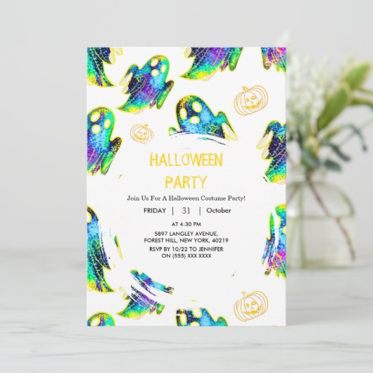 Black | Modern Glitter Pumpkin Ghost Halloween 招待状 (スタンド正面)