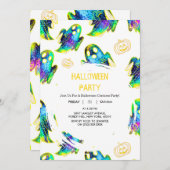 Black | Modern Glitter Pumpkin Ghost Halloween 招待状 (正面/裏面)