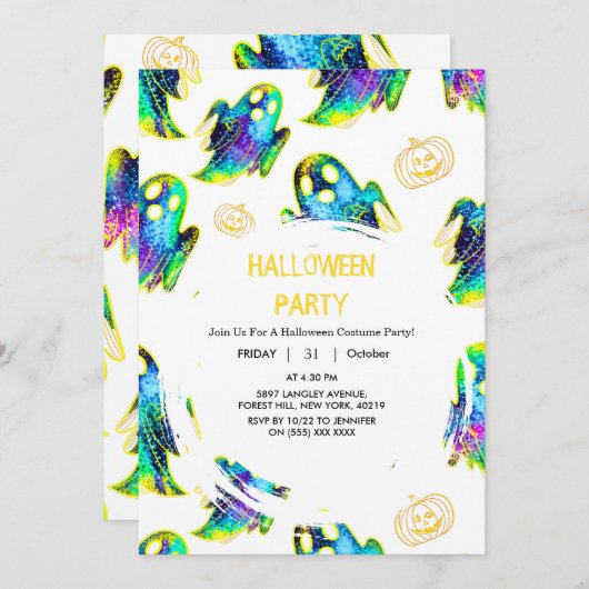 Black | Modern Glitter Pumpkin Ghost Halloween 招待状 (正面/裏面)