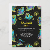 Black | Modern Glitter Pumpkin Ghost Halloween 招待状 (正面)