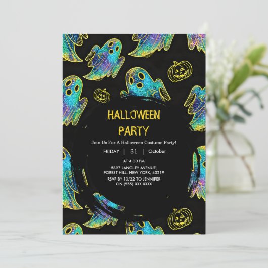Black | Modern Glitter Pumpkin Ghost Halloween 招待状 (スタンド正面)