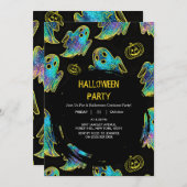 Black | Modern Glitter Pumpkin Ghost Halloween 招待状 (正面/裏面)