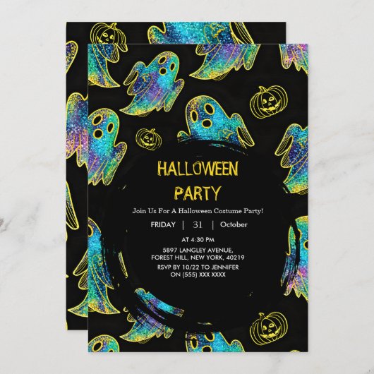 Black | Modern Glitter Pumpkin Ghost Halloween 招待状 (正面/裏面)