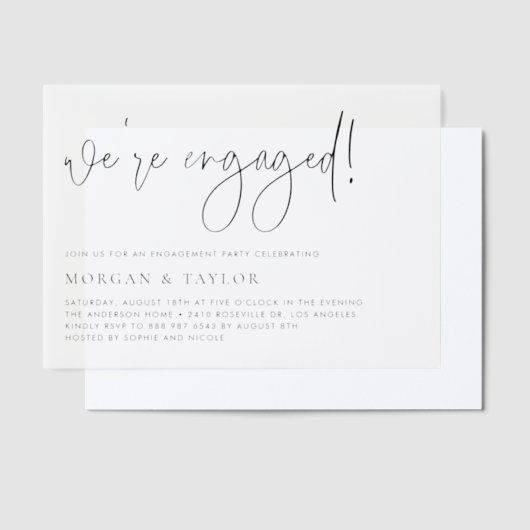 Black Modern Handwritten Script Engagement Party ベラム紙招待状 (オフセット)