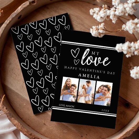 Black Modern Happy Valentine's Photo Collage Card シーズンカード