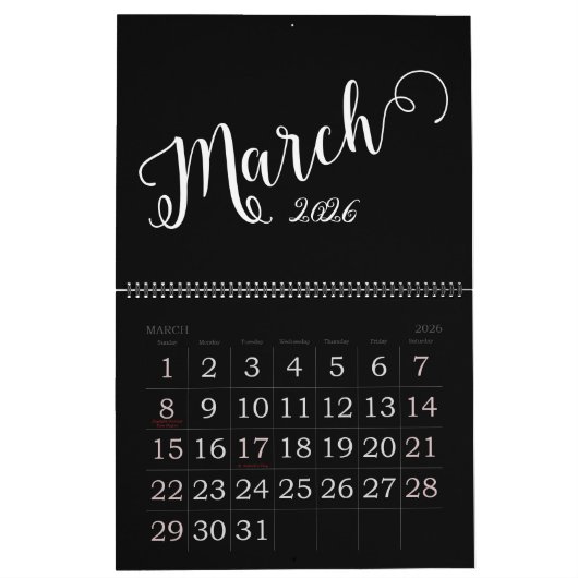 Black | Modern, Minimalist Calendar カレンダー (3月 2026)