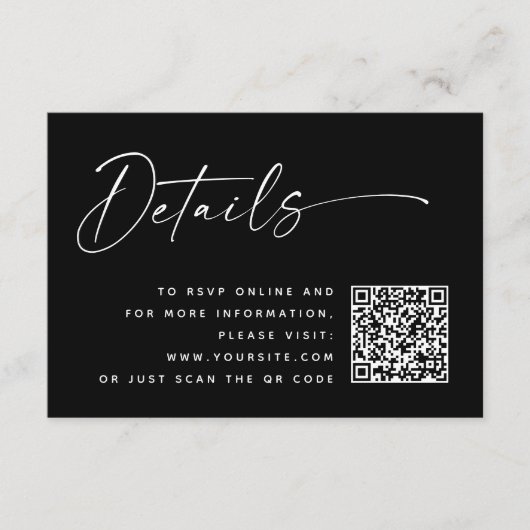 Black Modern Minimalist Wedding Details | QR Code エンクロージャーカード (正面)
