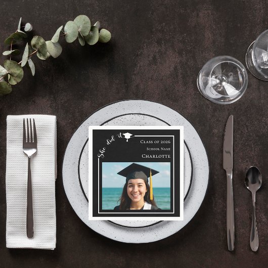 Black modern photo Graduation Party スタンダードカクテルナプキン