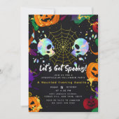 Black | Modern Pumpkin Faux Opal Halloween skulls 招待状 (正面)