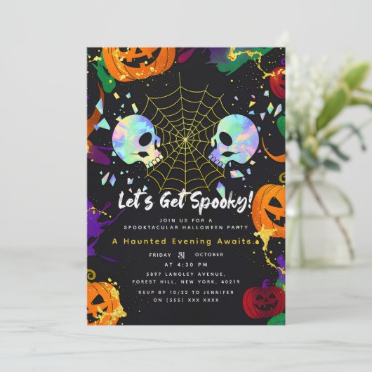 Black | Modern Pumpkin Faux Opal Halloween skulls 招待状 (スタンド正面)