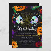 Black | Modern Pumpkin Faux Opal Halloween skulls 招待状 (正面/裏面)