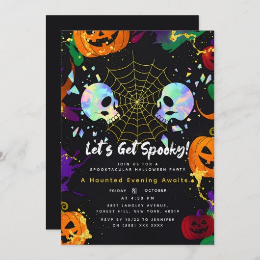 Black | Modern Pumpkin Faux Opal Halloween skulls 招待状 (正面/裏面)