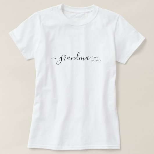 Black Modern Script Established Grandma Tシャツ (デザイン正面)