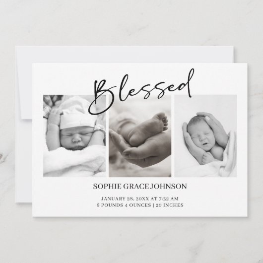 Black Modern Simple Script Baby Announcement 招待状 (正面)