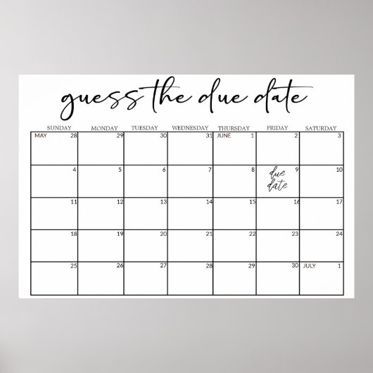 Black Modern Simple Script Baby Shower Guess Date ポスター (正面)