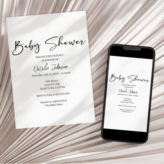 Black Modern Simple Script Baby Shower Invitation 招待状