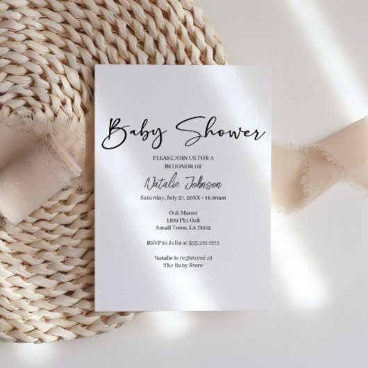 Black Modern Simple Script Baby Shower Invitation 招待状