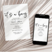 Black Modern Simple Script Boy Baby Shower 招待状