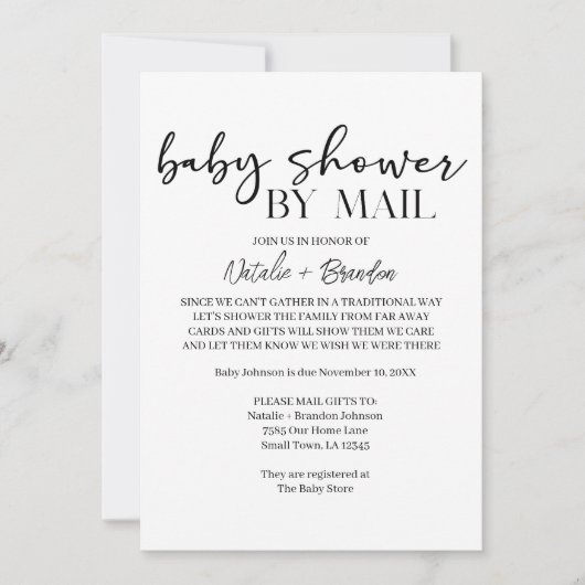 Black Modern Simple Script By Mail Baby Shower 招待状 (正面)