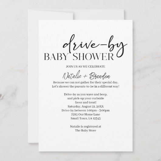 Black Modern Simple Script Drive-By Baby Shower 招待状 (正面)