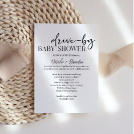 Black Modern Simple Script Drive-By Baby Shower 招待状