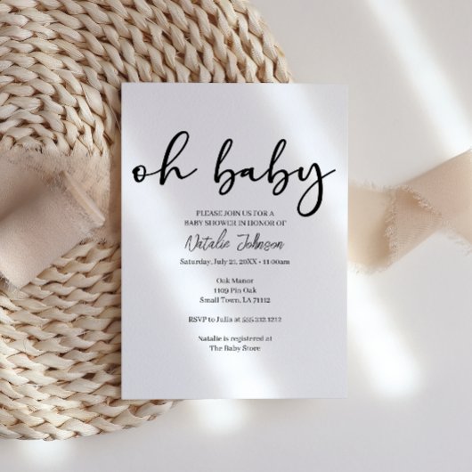 Black Modern Simple Script Oh Baby Shower 招待状