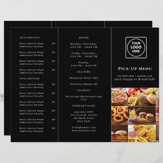 Black Modern Takeout Menu | Custom Restaurant  (正面/裏面)
