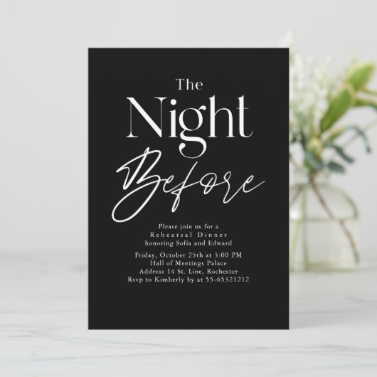 Black Modern Typography Rehearsal Dinner 招待状 (スタンド正面)