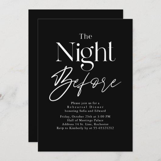 Black Modern Typography Rehearsal Dinner 招待状 (正面/裏面)