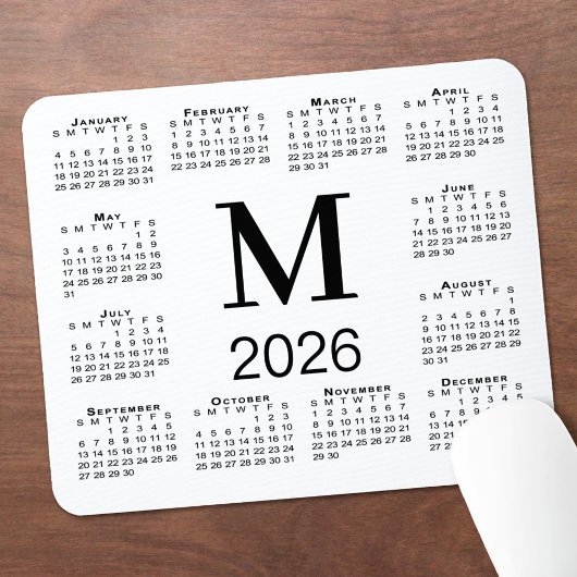 Black Monogram 2026 Calendar on White マウスパッド