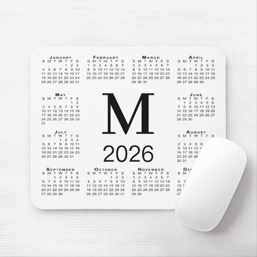 Black Monogram 2026 Calendar on White マウスパッド (マウス)
