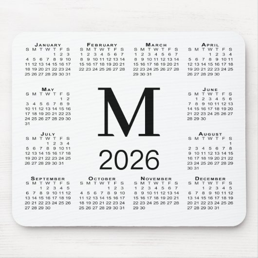 Black Monogram 2026 Calendar on White マウスパッド (正面)