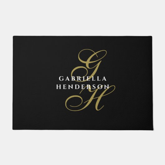 Black Monogram Gold White Name Minimalist Elegant ドアマット (正面)