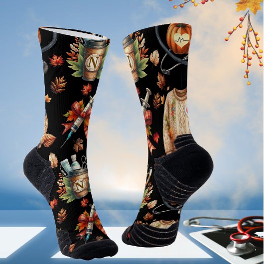 Black Monogram Nurse Autumn Essentials Crew Socks ソックス