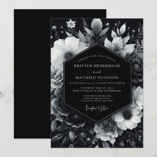 Black Moody Bloom Wedding 招待状 (正面/裏面)