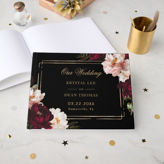 Black Moody Burgundy Blush Floral Wedding Seating  ゲストブック (正面見開き)
