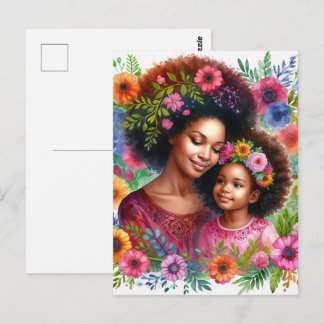 Black Mother and Daughter Floral Watercolor ポストカード
